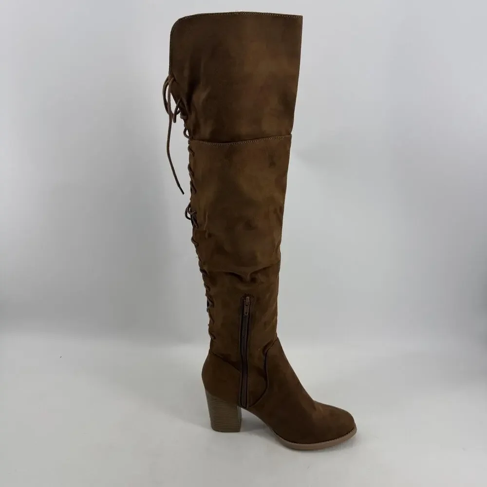 Soda Over The Knee Riding Boots Womens 8.5 Chestnut Faux Suede Lace Up Aspire-S